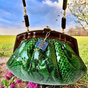 Colombetti Italy Vtg 80's Green Snakeskin Evening Bag Shoulder or Clutch LUCITE